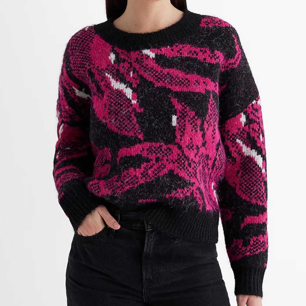 Fuzzy Knit Printed Crew Neck Sweater